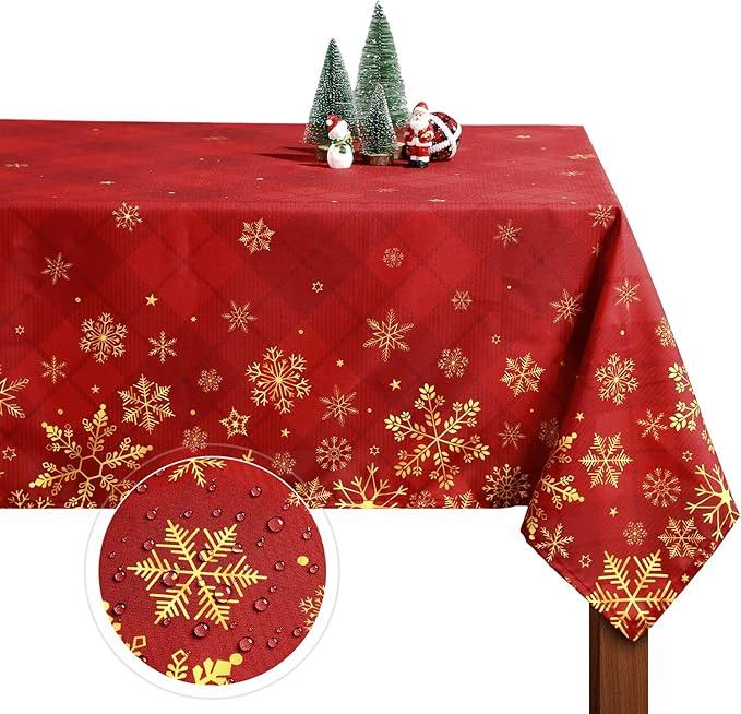 WovWeave Christmas Tablecloth Xmas Red Buffalo Plaid Tablecloth Golden Snowflake Washable Table Cover 60 x 84 Inch for Rectangle Table Farmhouse Winter Xmas Dinner Parties Holiday Decorations