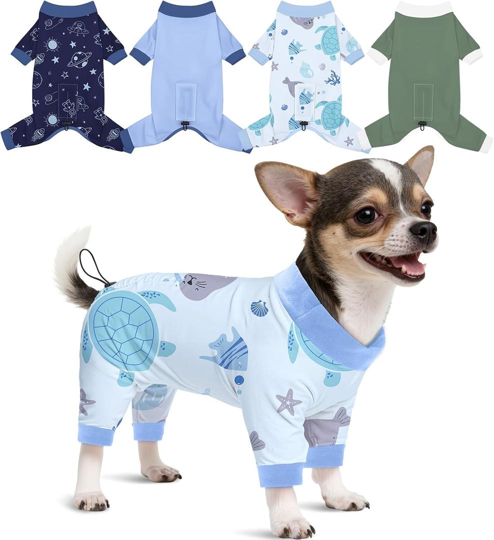 Glittme 4 Pack Dog Pajamas for Small Dogs Girl Boy, Soft Stretchy Puppy Onesies Jumpsuit, Breathable Pet Pjs Clothes for Sleeping & Anti-Shedding, Cute Doggy Apparel Vest, XS