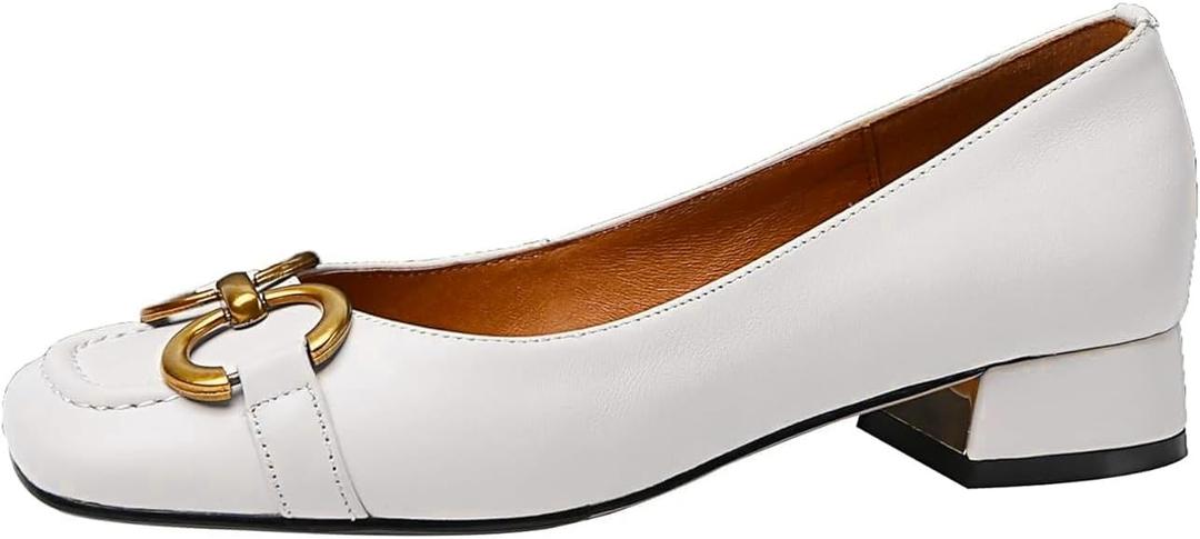 Women's Ballet Flats Chunky Block Low Heel Slip on Pumps (Size 7, White)