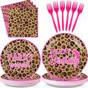 96Pcs Leopard Print Party Supplies Hot Pink Cheetah Print Plates and Napkins Tableware Sets Animal Jungle Safari Birthday Decorations for Safari Animal Leopard Theme Baby Shower Party Serves 24