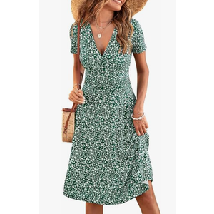 MSBASIC Sundresses for Women 2026 Casual Beach Wrap Floral Dress V Neck Summer Spring Dresses(A-Green Floral,Small)