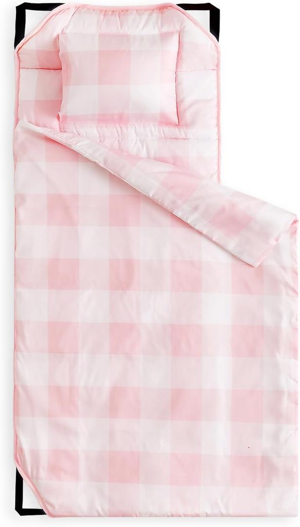 Wake In Cloud - Cot Nap Mat with Pillow and Blanket, for Toddler Kids Boys Girls in Daycare Kindergarten Preschool Pre K with Elastic Corner Straps, Buffalo Check Plaid (52"x 22")