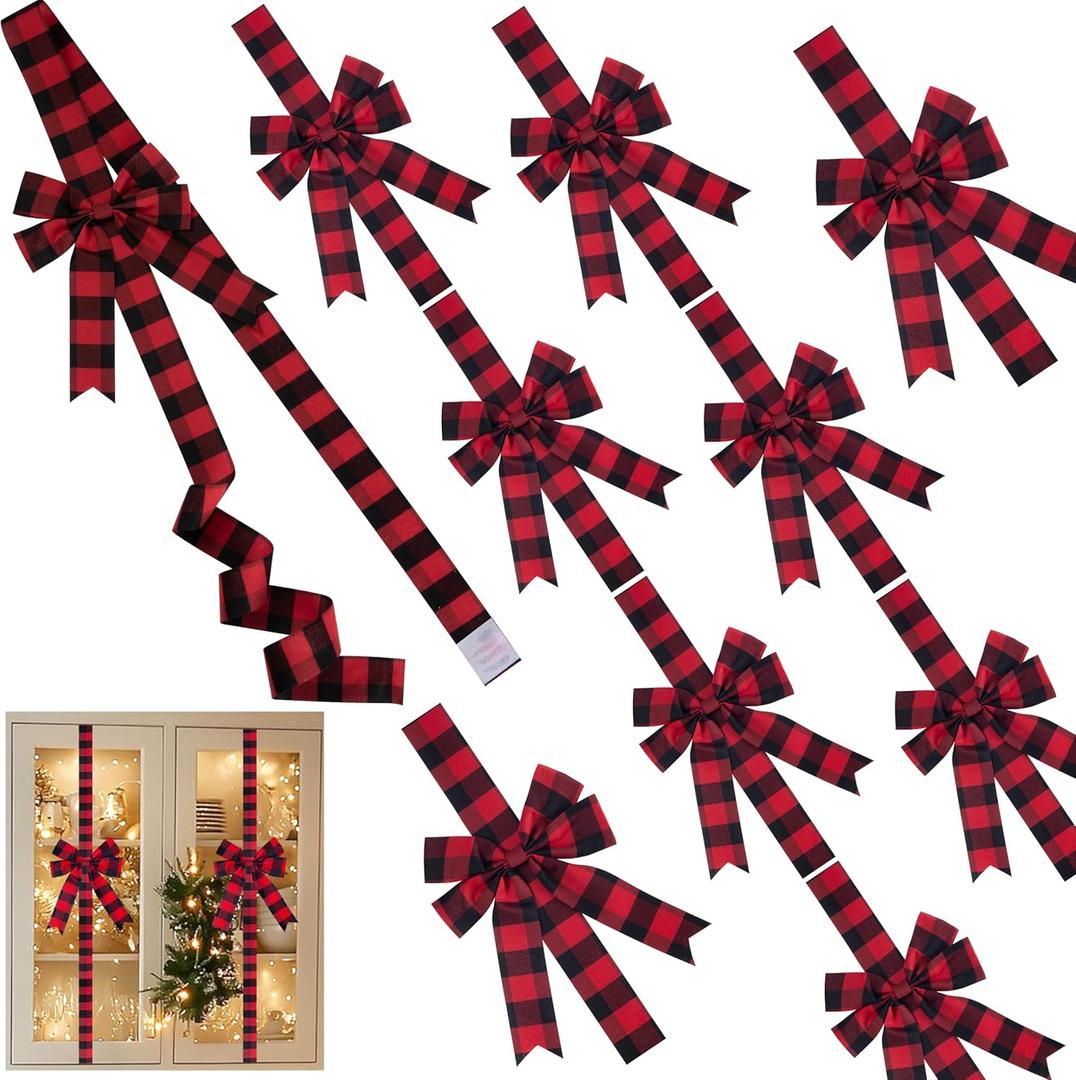 SIMISI RIBBON 10 Pcs Red Black Plaid Christmas Cabinet Door Ribbon Bows Large Bow for Fireplace, Kitchen, Home, Xmas