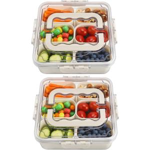 Divided Serving Tray with Lid and Handle, Portable Snack Box Container, 6 Compartments Veggie Fruit Snackle Tray, Charcuterie Platter Container for Party, Nuts, Snacks, Picnic, 2 Pack, SMALL SIZE (White)
