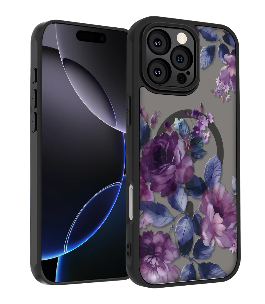 SobLn for iPhone 16 Pro Max Case, Black Floral Flower Pattern Case [Compatible with MagSafe] [Translucent Matte] Cute Slim Shockproof Protective Women Girls Phone Case 6.9", Deep Purple Flower