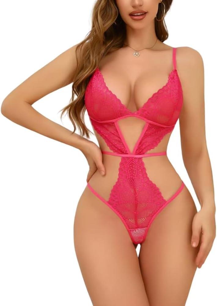 Women Lingerie Bodysuit Lace Teddy Snap Crotch One Piece Underwire Babydoll (Medium, Hot Pink)