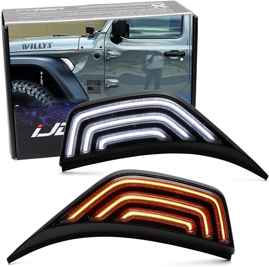 iJDMTOY Black-Out Smoked Lens White/Amber Sequential Blink Switchback LED Fender Flare Vent Trim Replace Side Marker Lighting Kit (Add-On), Compatible with Jeep Wrangler JL, Gladiator JT