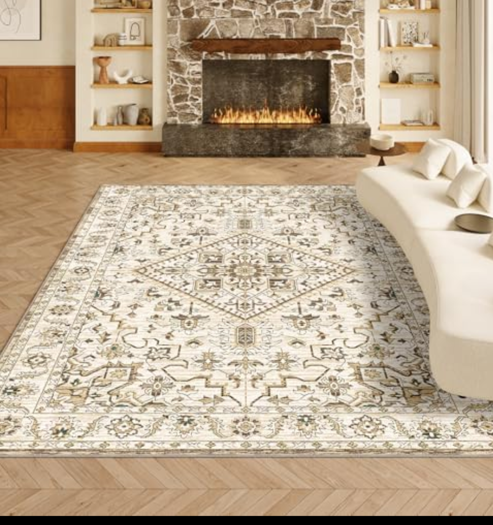 VK VK·LIVING 8x10 Area Rug Washable Rugs for Living Room Rug Vintage Design Boho Rug with Non Slip Living Room Rug Bedroom Carpet Stain Resistant, Home Decor, Beige