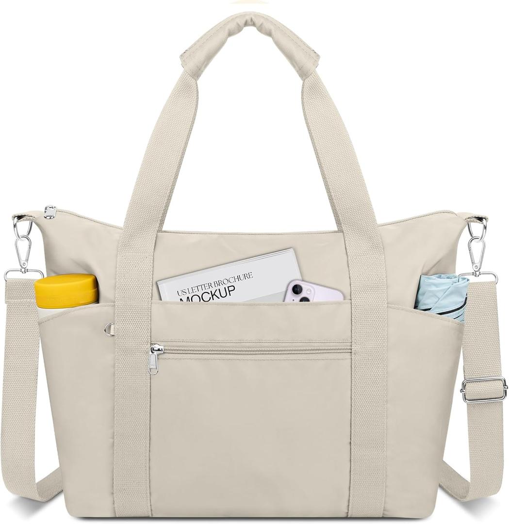 Small Travel Gym Duffel Bag for Women, Waterproof Nylon Weekender Overnight Bag Personal Item Carry on Bags for Airplanes Hospital Sports Fitness Dance Mommy Tote (Beige)