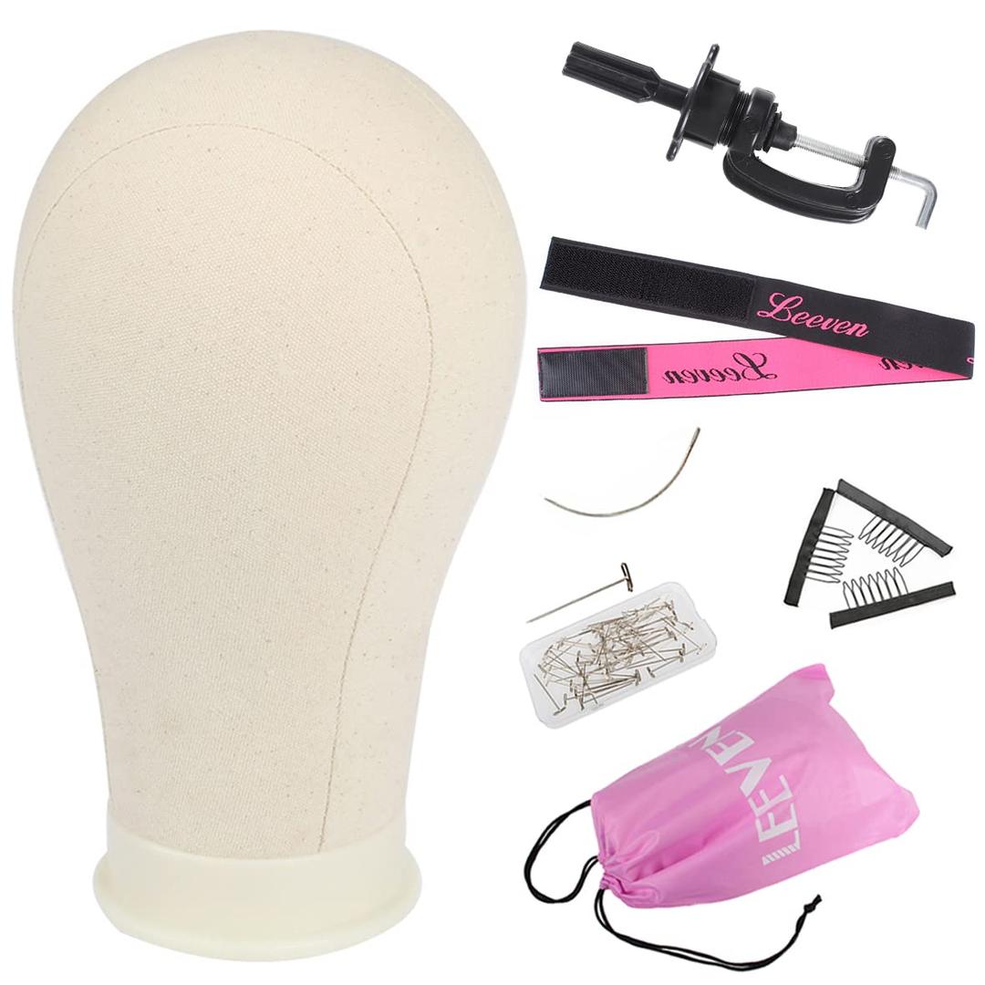 Leeven 21"-24" Poly Canvas Block Head Professional Mannequin Canvas Head for Making, Drying,Styling Wigs with Table Clamp Stand and Hair Edge Band 22 Inch