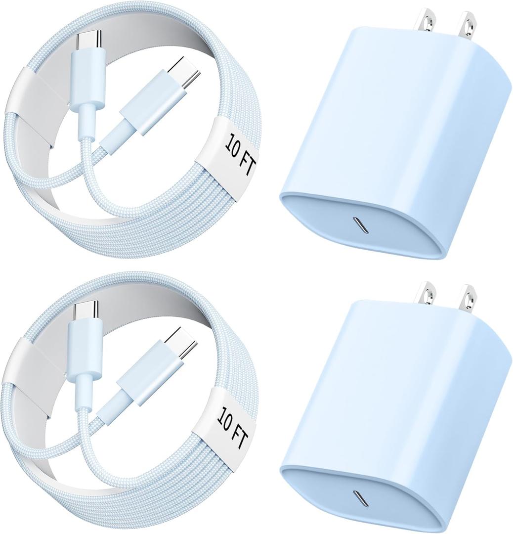 Phone 15 16 Pro Max Charger, 10 FT Long USB C to C Fast Charging Braided Cable with PD 20W Fast Charger Block for Phone 16/16 pro/16 plus/16 pro max/15/15 Pro Max/ 15 Pro/15 Plus, Pad Pro/Air, Blue
