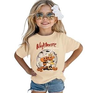 GLIGLITTR Girls Halloween Shirt Nightmare on Main Street Pumpkin Bat Tshirt Spooky Season Short Sleeve Tops Kids Fall Outfits(Apricot, 7-8Years)