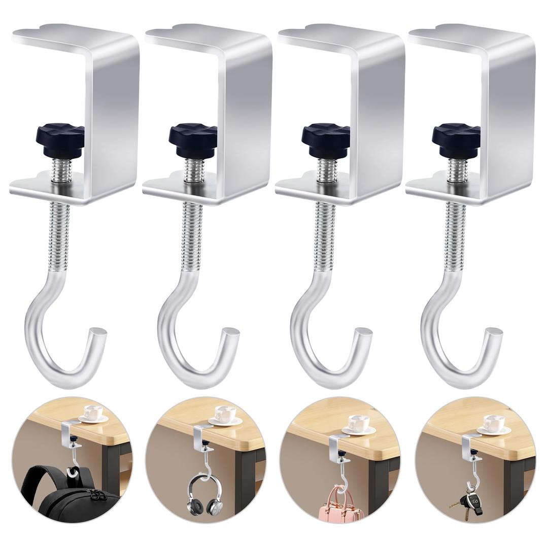 ZLSPTK 4Pcs Desk Hook for Hanging Bag Backpack Under Desk Clamp J Hooks Heavy Duty Metal Purse Hook for Table Adjustable Headphone Holder for Table Closet Door Cabinets