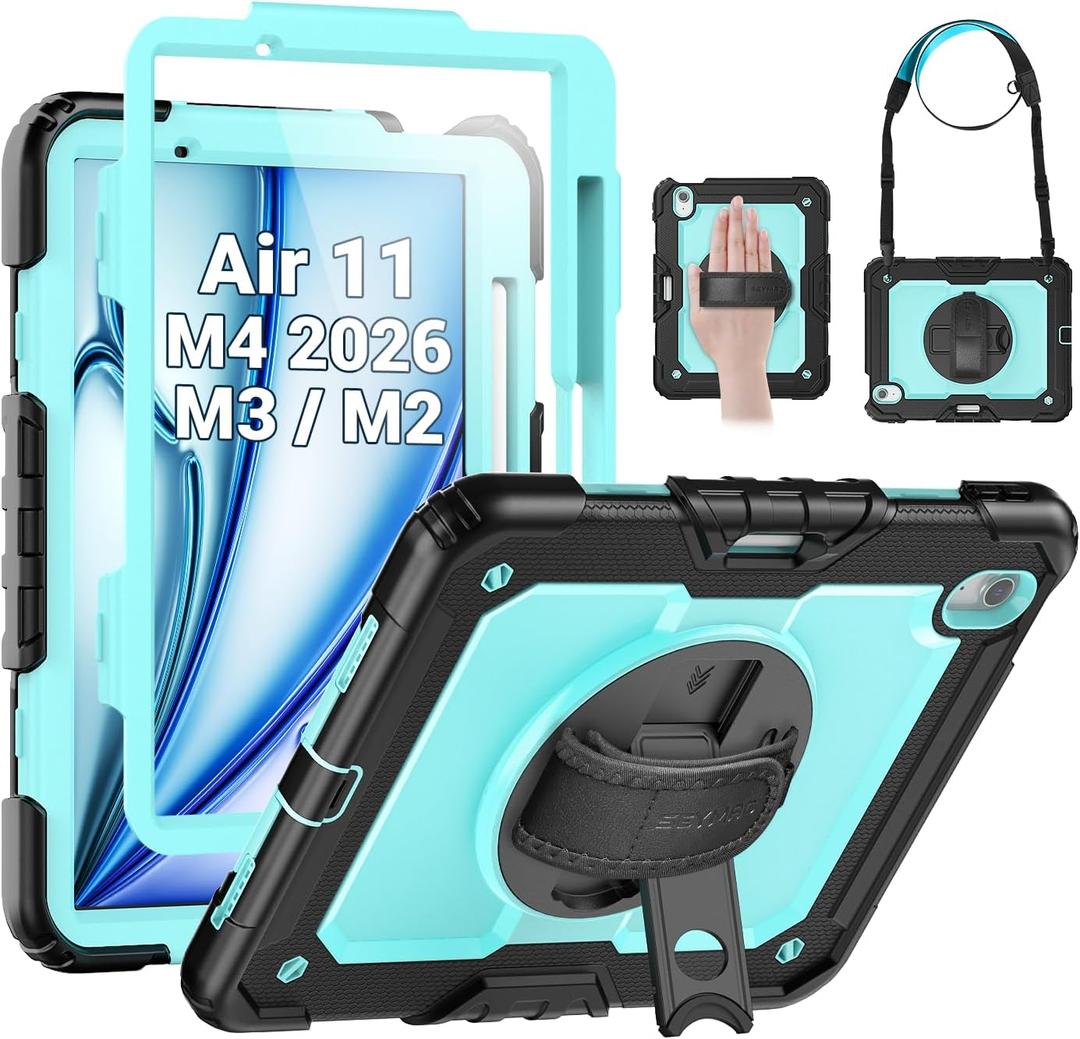 SEYMAC Case for iPad Air 11 Inch M4 / M3 / M2 (2026/2025 / 2024), Heavy Duty Shockproof Protective Case with Screen Protector, 360 Rotating Stand and Hand/Shoulder Strap, Light Blue