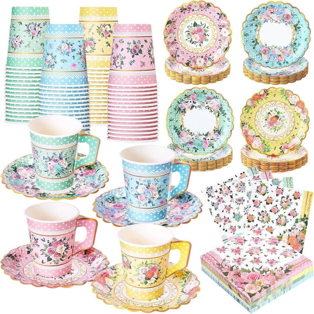 SUMMORO 180 Pcs Floral Paper Tea Cups and Plates 9 OZ Disposable Paper TeaCups and Saucers with Tea Party Napkins Set for Tea Party Decoration Birthday Wedding Bridal Shower Party Supplies