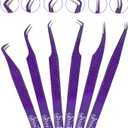 SIVOTE Eyelash Extension Tweezers Fiber Tips, Set of 6, Curved, Dolphin, 90 Degree 45 Degree, Volume Boot & Slight Curved Tweezer, Purple