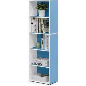 Furinno LUDER Book Shelf, 5-Tier Bookshelf, Bookcase with Open Shelves, 9.4 x 15.8 x 52, Easy Assembly, for Living Room, Bedroom, Home Office, White/Light Blue