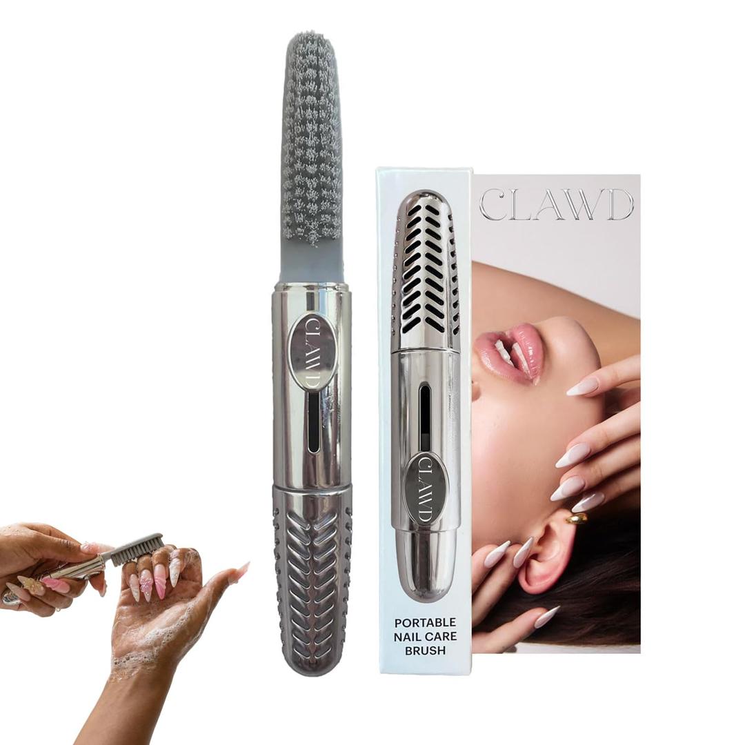 CLAWD Nail Brush for Cleaning Fingernails | Soft Bristle Portable Travel Nail Cleaner Brush for Women | Silver