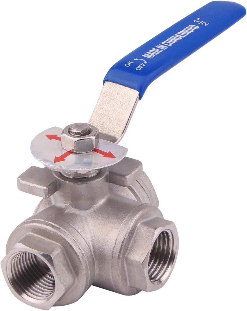 DERNORD 3-Way Ball Valve, T Mounting Pad, Stainless Steel 304 Female Type with Vinyl Locking Handle (1/2 Inch NPT)