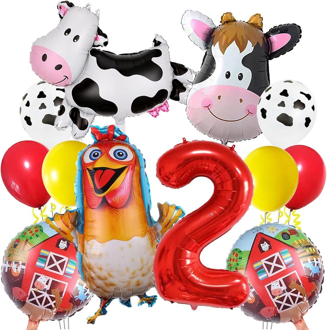 Farm Animal 2nd Birthday Party Decorations Farm Animals Foil Balloons for Kids 2nd Birthday Baby Shower Cow Farm Animals Theme Party Decorations (2nd Birthday)