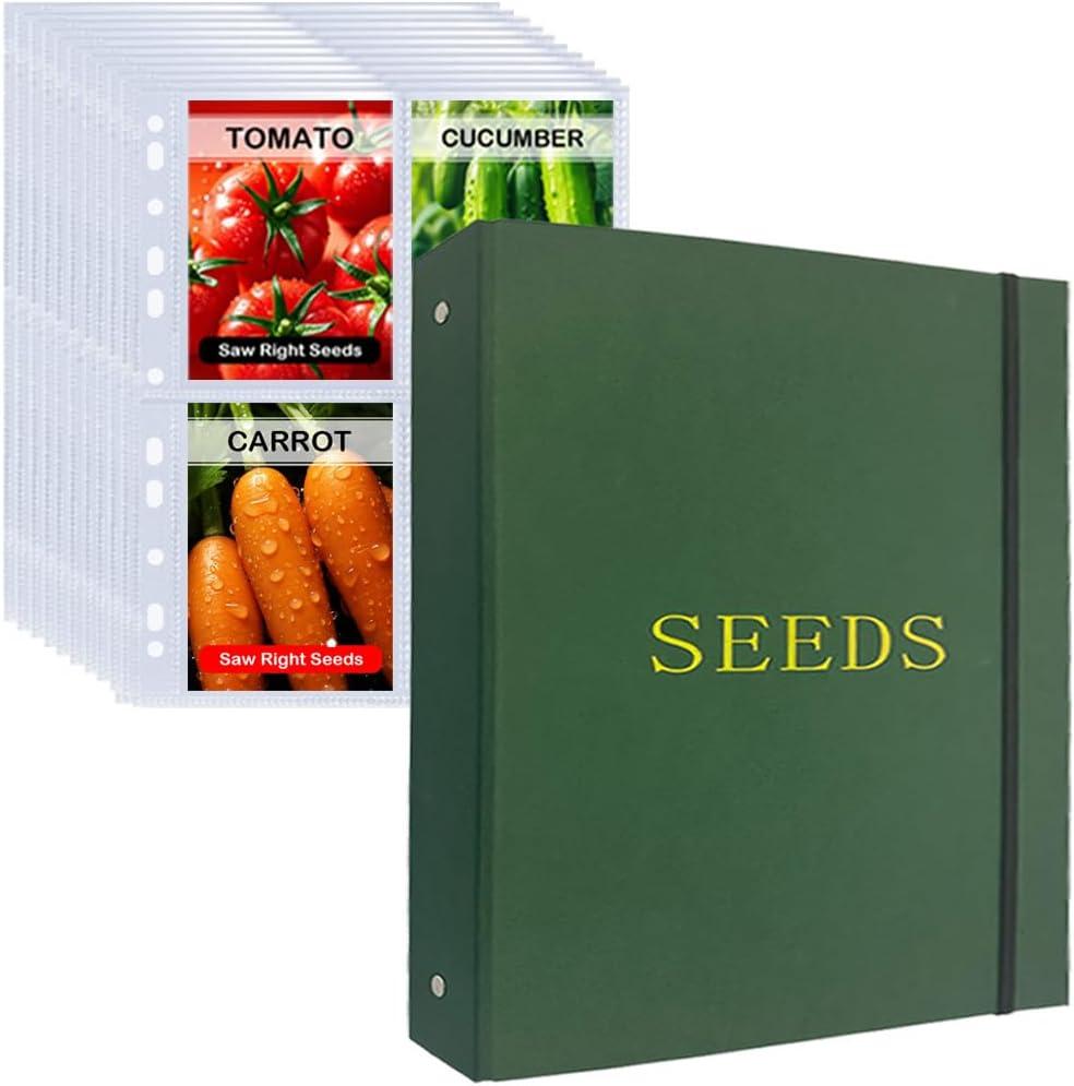 Seed Storage Organizer Binder, Seed Packet Organizer with 100 Pockets(25 Pack Clear Sheet Protectors), Garden Seed Holder Book for Envelopes, Seed Saving Keeper, Green