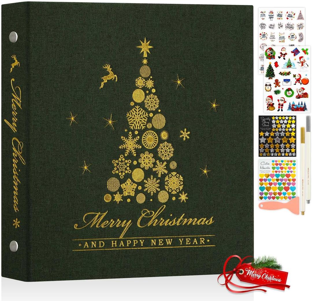 Lanpn Christmas Self Adhesive Photo Album Scrapbook, Linen Cover Christmas Tree Pattern DIY Sticky Magnetic Pages holds 4x6 5x7 A5 Picture for Xmas Holiday (Small-30 Sheets/60 Pages, Green)