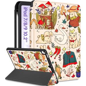 Uppuppy for iPad 9th/8th/7th Generation Case 10.2 Inch Girls Cute Kids Women Folio Smart Cover Pencil Holder Cartoon Aesthetic Design Girly Kawaii Teens Cases for iPad 7/8/9 Gen A2602 A2270 A2197