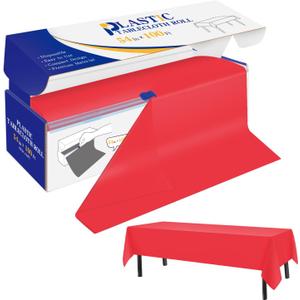 YSYJ Plastic Table Cover Roll Red Disposable Table Cloth 54 in x 100 Ft, Plastic Table Cloths with Slide Cutter Table Cover for Parties