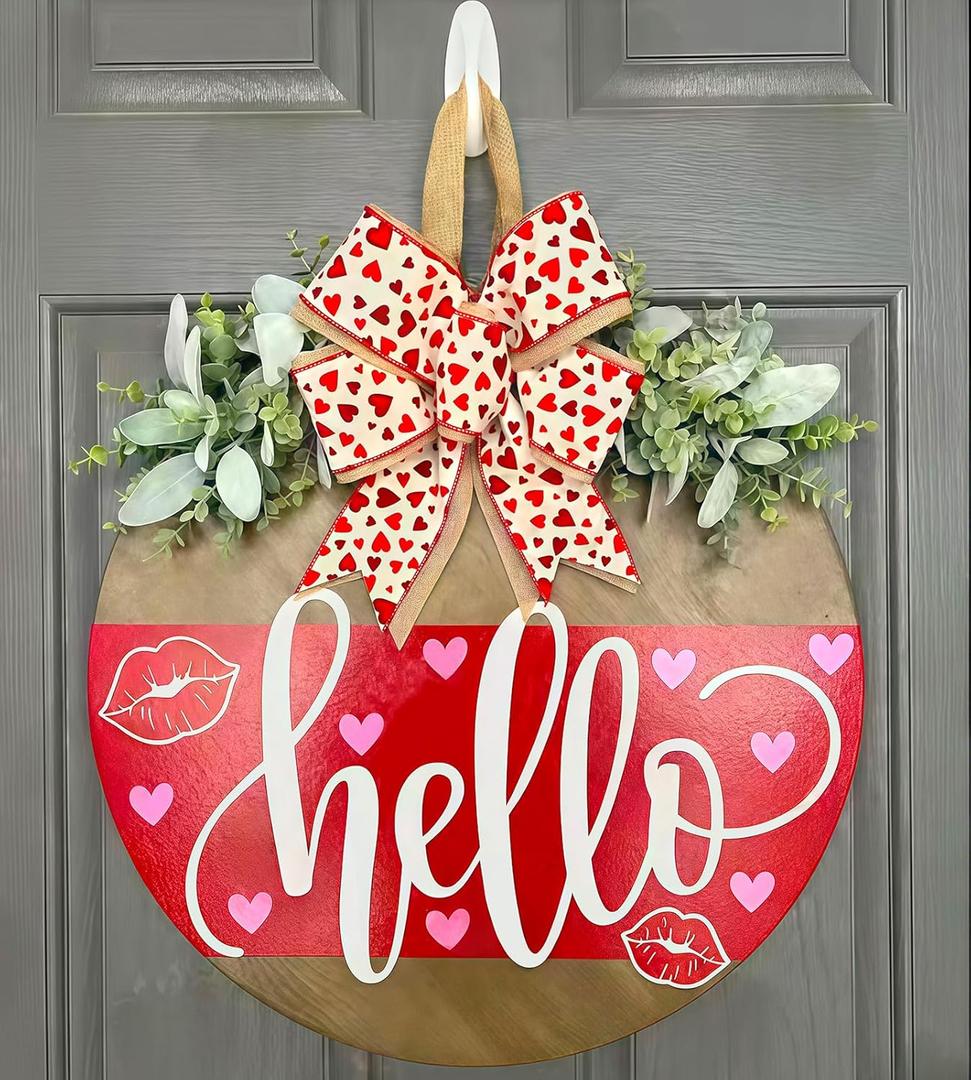 Valentines Day Wreaths for Front Door Hello Valentine Hanger Sign Outside Rustic Holiday Farmhouse Wooden Door Decoration Hanging with Bows Outdoor (Red)