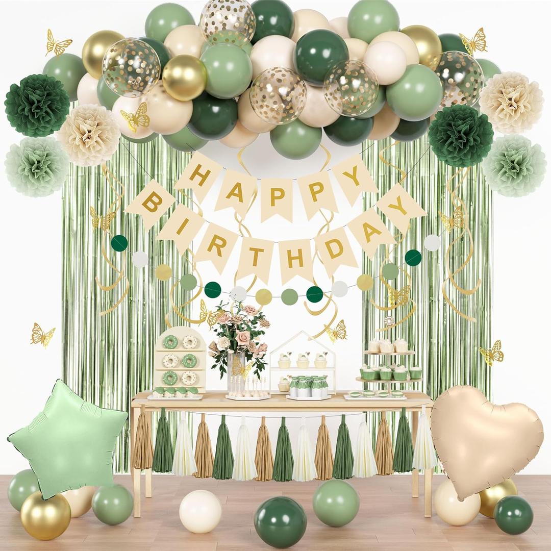 Sage Green Birthday Party Decorations for Women Girls, Green Olive Gold Sand White Confetti Foil Balloons Happy Birthday Banner Fringe Curtain Hanging Swirls Circle Dots Tassels Pompoms Party Supplies