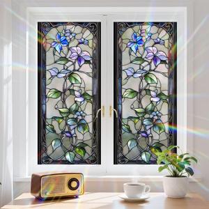 Floral Window Privacy Film Stained Glass Style Static Cling Sparkle Windows Sticker Non Adhesive Privacy Film Reusable Decorative for Room 17.5 x 39.3in (Flower 2)