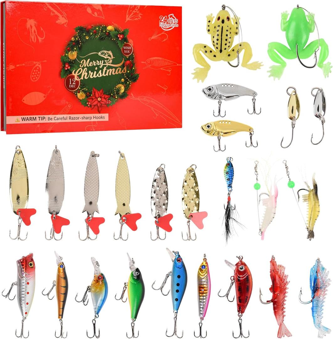 Advent Calendar Fishing Christmas Countdown, 24 Days of Lures and Tackle, Christmas Countdown Gift Blind Box for Father Grandpa Brother