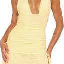 Women's Sexy Halter Bodycon Dress Deep V Neck Ruched Ruffle Hem Slit Mini Dress Sleeveless Club Party Outfits (Yellow, M)