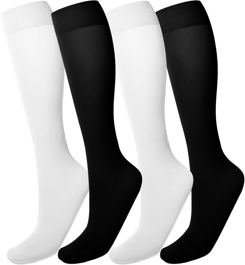 MANZI Women's Knee High Socks 40 Denier Ladies Nylon Semi Opaque Trouser Socks 4 Pairs Knee Stockings (2 Pairs Black+2 Pairs White)