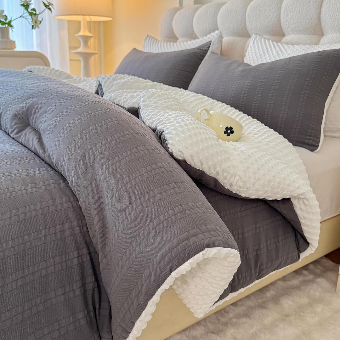 Boho Comforter Set Twin Size Striped Pleats Bohemian Seersucker Bedding Set All Season Soft Cozy 2 Pieces Quilt with 1 Pillowcase(68"X90" Dark Grey)