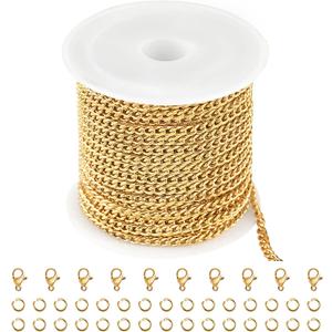 Jabogrii 16.4 Feet Gold Stainless Steel Chain for Jewelry Making Oval Curb Cuban Jewelry Making Chains with Lobster Clasps and Open Jump Rings