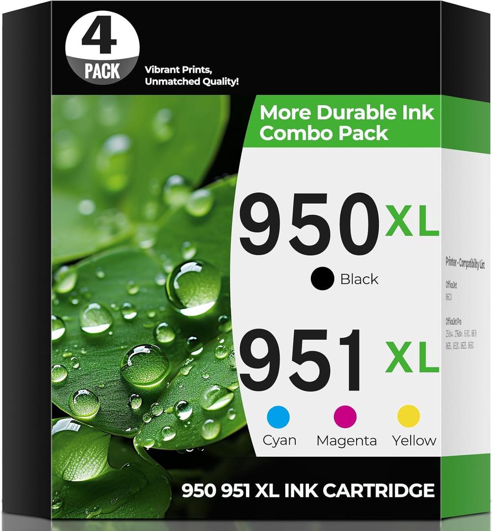 950XL 951XL Ink Cartridges OfficeJet Pro 8600 8610 8620 Ink Compatible for HP 950 951 XL Ink Cartridge Combo Pack HP950XL HP951XL Printer Ink for OfficeJet Pro 8100 8630 8660 8640 8615 276DW 251DW-4P, 4 Pack (1Black+1Cyan+1Magenta+1Yellow)