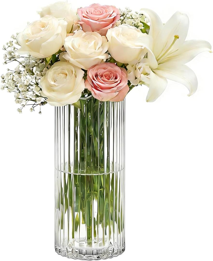 11 inch Ribbed Glass Vase,Flower vases for Bouquet,Modern Clear Glass Cylinder Vases for Flowers,Ribbed Vases for Centerpieces,Living Room,Dining Table,Office,Wedding Reception,Housewarming Gift