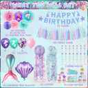 Mermaid Birthday Party Decorations - Theme Supplies Include Banner, Balloons, Paper Fans, Curtains, Sash, Headband for Cake and Party Decor