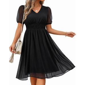 Holipick Women Summer Casual Dress Wedding Guest V Neck Short Sleeves Smocked Waist Chiffon Swing Knee Length Midi Dresses (Black, XL)