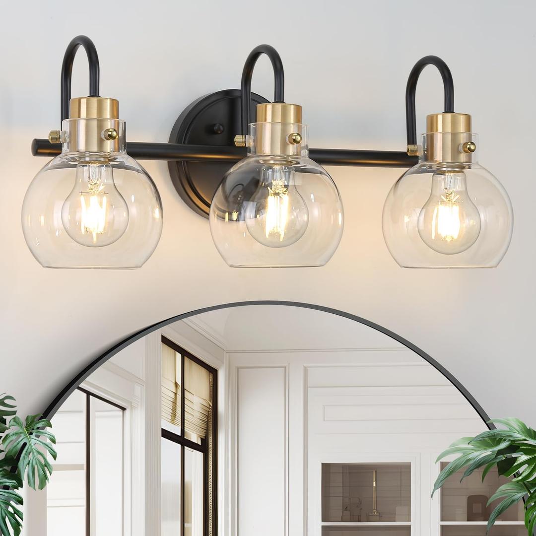 3 Lights Bathroom Light, Black Gold Vanity Light Fixture, Wall Sconces with Globe Clear Glass Shade, Farmhouse Wall Mount Lamp for Mirror, Kitchen, Porch, Living Room, Workshop