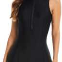 Micosuza Women's One Piece Boyleg Rash Guard Swimsuit Sleeveless Half Zipper Surfing Swimwear (Black, S)