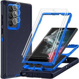 for Samsung Galaxy S22 Ultra Case with 2Pcs Self Healing Flexible TPU Screen Protector & Camera Lens Protector, 3 in 1 Heavy Duty Shockproof/Drop Proof/Dust Proof Case (Navy Blue)