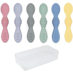 Elk and Friends Silicone Baby Spoons | Travel Case Included | First Stage Infant Toddler Spoon | Baby Led Weaning Stage | Dishwasher Safe (Blush/Lilac/Lemon/Sage/MistyBlue/Gray)