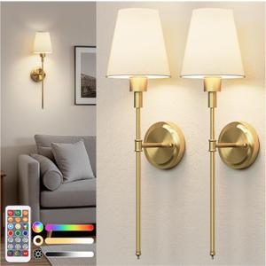 DORESshop Battery Operated Wall Sconce Set of 2, Wireless Wall Light Easy to Install, 15 Color Rechargeable Wall Sconces, Sconce Wall Decor Set of 2 for Bedroom, Living Room, Gold, 24.6in