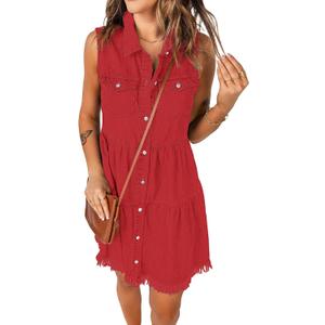 luvamia Women's Casual Summer Lapel Sleeveless Button Down Short Denim Jean Dress M 