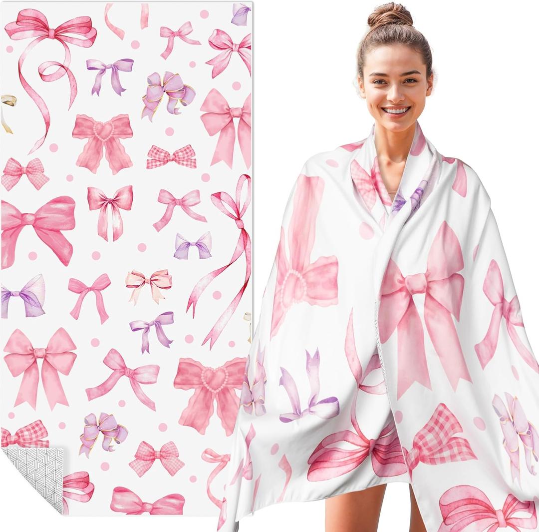 Polka Bow Oversized Beach Towel - Double-Sided Thin Microfiber Lightweight Pool Towel 71"x35" Quick Dry Towel Sand Free Blanket for Bath Sport Travel Beach Swimming Camping for Women Girls (Pink, Purple)