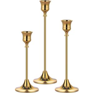 Metal Candle Holders for Candlesticks Taper Candlestick Holders Set Vintage Decorative Centerpiece Candelabra Tall Candle Stands for Halloween Thanksgiving Christmas (Gold, 1 Set (3 pcs))