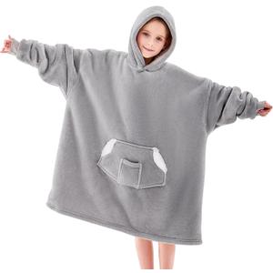 Wearable Blanket Hoodie for Kids, Blanket Hoodie For Kids With Hood And Pocket, Sherpa Oversized Cozy Sweatshirt Blankets As Gifts For Girls Boys (Grey)