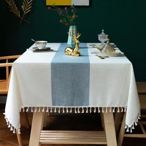 JIALE Tablecloths for Rectangle Tables,Cotton Linen Table Cloth Waterproof Tablecloth Wrinkle Free Farmhouse Dining Tables Cover,Soft Fabric Table Cloths with Tassels, Blue, 55" X 86",6-8 Seats (Blue and White)